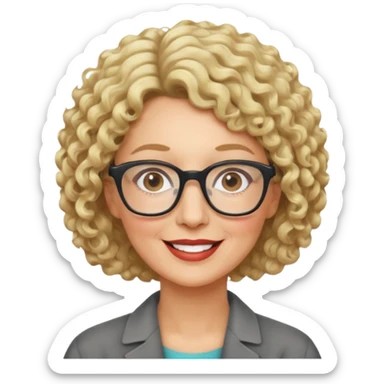woman in her 50s, short curly blonde hair, wearing glasses, cheerful look sticker