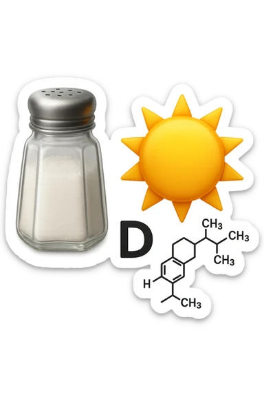 emoji stile iphone di una boccetta di sale, un sole, una particella chimica di VITAMINA D, IPERREALISTICO 4K sticker