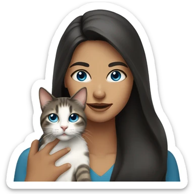 Woman with dark long hair and blue eyes holding a tabby cat  sticker