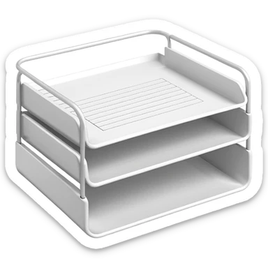 A minimal, clean emoji-style illustration of a white metal desk paper organizer tray, shown in slight isometric view so its structure is readable at a small scale. The organizer is rectangular with rounded corners, made of thin white metal wires, forming two to three stacked horizontal slots.
 sticker