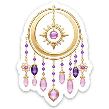 Epic beautiful gorgeous cute gold suncatcher, threads with shiny sparkly amethyst and rose-quartz gemstones, flowers, moons, stars, leaves sticker