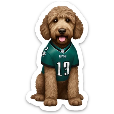 Brownish Labradoodle dog wearing a Philadelphia eagles jersey sticker