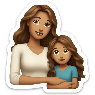 Mom with long brown beautiful hair and daughter with long brown hair hugging sticker