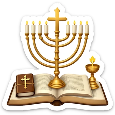 An icon featuring a Torah scroll, Menorah, Bible, Orthodox cross, Quran, and a Buddha statue, symbolizing the study of religions. The design includes diverse religious symbols arranged harmoniously, representing global faiths and spiritual practices. Transparent background sticker