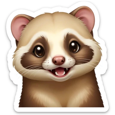Cinematic Cute Yawning sable ferret Portrait Emoji, Head tilted slightly with an exaggerated, wide-open yawn, showcasing a long, flexible body with a plush fur in soft brown and cream, droopy, drowsy eyes, and a relaxed expression, Simplified yet irresistibly endearing features, highly detailed, glowing with a soft, cozy natural glow, high shine, relaxed yet expressive, stylized with a dash of whimsical charm, soft glowing outline, capturing the essence of a sleepy yet affectionate sable ferret that seems ready to curl up for a nap! sticker