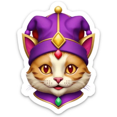 crazy colorful cute little cat jolly joker from poker, medieval, vintage, court jester, mac os icon, purple, gold and red color, head + torso. Squared shape as 3D mac os icon, symmetrical sticker