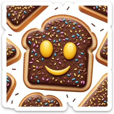 Cinematic Realistic Hagelslag Treat Emoji, depicted as crunchy chocolate sprinkles on buttered bread rendered with vivid textures and playful, inviting lighting. sticker