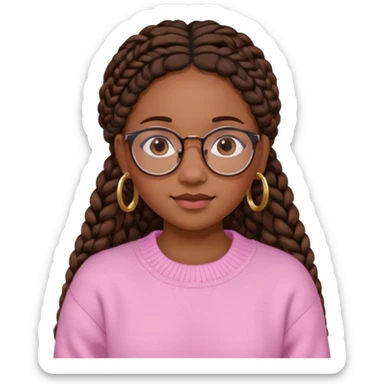 cute  black adult girl with glasses and braids that are long which are brown, and some blush on her cheeks , in a pink sweater and some gold hoop earings . sticker