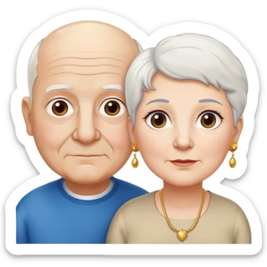 Una abuela italiana blanca de ojos marrones con cabello corto blanco y aretes de oro, junto a su esposo de ojos azules, abuelo de piel blanca italiano, un poco gordo con pelo blanco corto calvo, sin nada de bigote  sticker