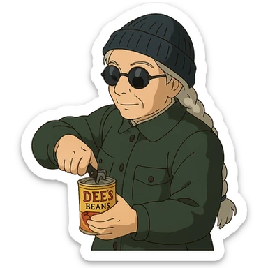 1 female, long white braid, knit cap, dark sunglasses, DARK GREEN HUNTER JACKET, USING A SMALL BLACK HANDHELD CANOPENER TO OPEN A CAN OF DEES BEANS sticker