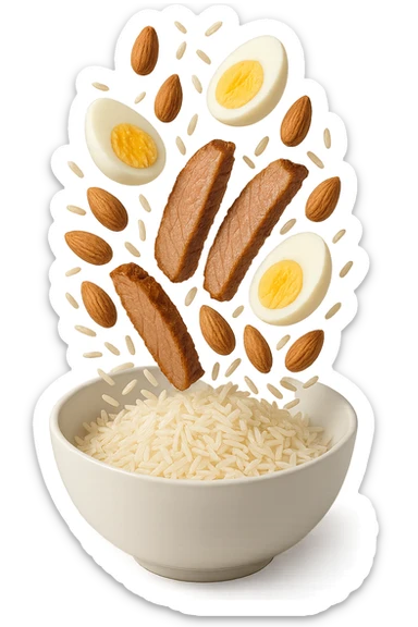 bowl bianca in cui cadono verticalmente fettine di carne, uova sode, mandorle e riso basmati sticker