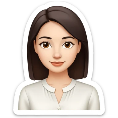 Young woman in her 30s with light skin, oval face, soft features, large dark brown eyes, medium eyebrows, small nose, friendly smile, long straight dark brown hair, wearing a white elegant blouse sticker