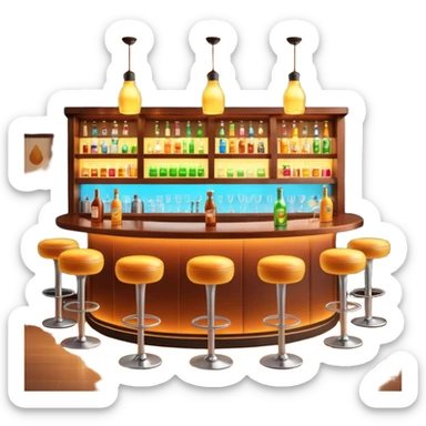 A 3D cartoon bar interior with bottles on glass shelves, counter lighting, high stools, and glowing drink glasses, warm ambient light, realistic Memoji-style. sticker
