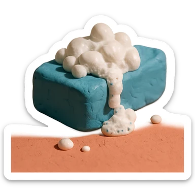 cleaning sponge with soap bubbles, pastel palette, visible clay texture in claymation style sticker
