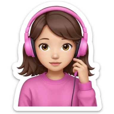 a asian japanese girl with wavy silky brown hair and no bangs. she has a cute pink gaming headphones. she is wearing a cute pink sweater  sticker