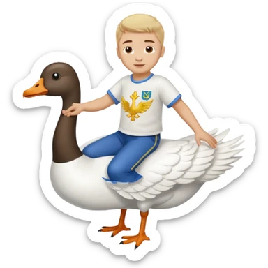 A boy in a Ukrainian white embroidered shirt flies on a white goose sticker