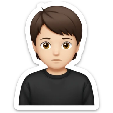 A brunette boy, short straight hair, light brown eyes, with a black sweatshirt sticker