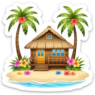 Hawaiian beach house, small tropical house, wooden walls, thatched roof, colorful flowers, palm trees, cute mobile game icon, 3D cartoon, bright colors, soft shadows, clean background, no text, no watermark sticker