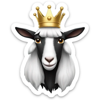 black and white Goat with horns wearing a black hoodie and big royal crown sticker