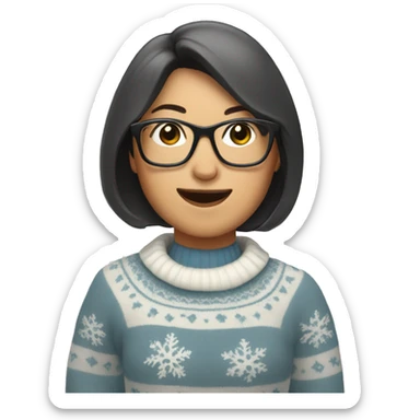 Asian woman with GLASSES AND bob, WEARING A frosty snowman sweater, shaking a cowbell sticker