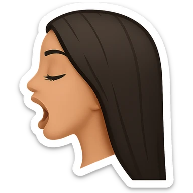 Create a side view (profile) of this woman's head in the normal iPhone emoji style, with closed eyes, long eyelashes, mouth open wide, smooth shading, no outlines, long dark hair, and lips clearly visible. Variant 1. sticker