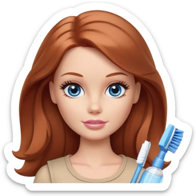 A Barbie girl with blue eyes, shoulder-length reddish-brown hair, made-up, and beige clothes is cleaning sticker