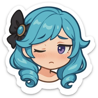 Gwen from League of Legends, shy emote, chibi style, only head, right eye purple, looking away sticker
