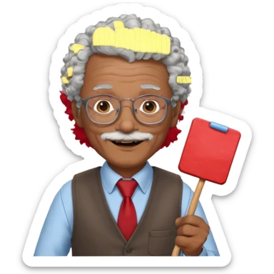 old man teacher, brown skin, curly grey white hai, wearing glasses, brown vest, red tie hold chalk on hand sticker
