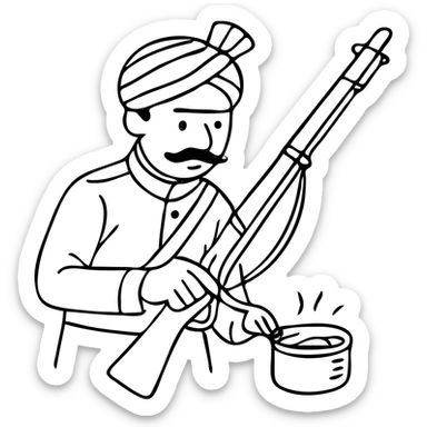 Indian soldier greasing a gun, hand drawn outlined icon sticker