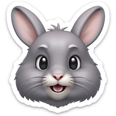 Cinematic Comical Grey Rabbit Portrait Emoji, Head tilted dramatically with an exaggeratedly amused expression, featuring a striking grey fur with subtle textures, wide, expressive grey eyes filled with playful disbelief, Simplified yet hilariously expressive features, highly detailed, glowing with a slightly sassy glow, high shine, dramatic yet playful, stylized with an air of cheeky mischief, bright and endearing, soft glowing outline, capturing the essence of a spirited and over-the-top bunny, so meme-worthy it feels like it could side-eye its way into internet fame instantly! sticker