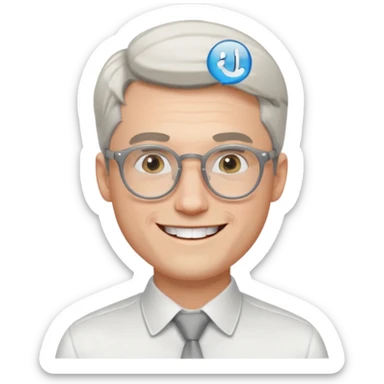 30 yr old pale white man, white/grey side swept stylish hair, round glasses, big smile, white teeth, handsome, longer hair, thin glasses, white dress shirt sticker