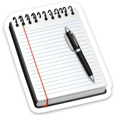 notebook with lined paper with cursive writing and a pen ontop sticker