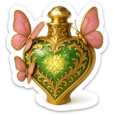 Create a one-to-one heart-shaped bottle as in the example, with the main color green and gold details. Inside, depict a very bright, luxurious, and intricate crystal effect with even more sparkle and glow. Keep the pink butterflies as shown. Remove the background. sticker