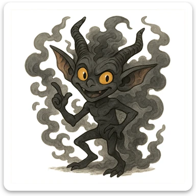 Igor the mephit, cartoonish fantasy imp, smoky aura, fantasy style, playful sticker