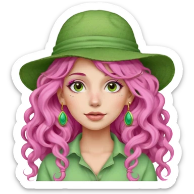 pink haired very long curly haired woman with full full face light green clay mask  and big earrings and hat sticker