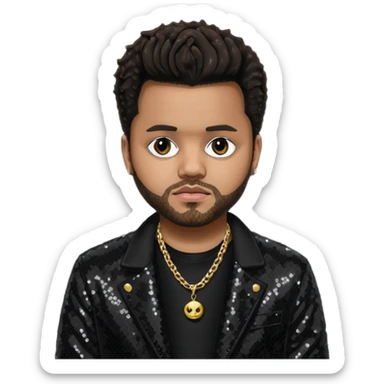 The Weeknd with black sequin jacket, black shirt with necklace, dark brown hair sticker