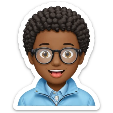 A dark-skinned boy with short curly hair, wearing square black-framed glasses, is sticking out his tongue and is wearing a light blue jacket. The figure is seen from the shoulders up. sticker