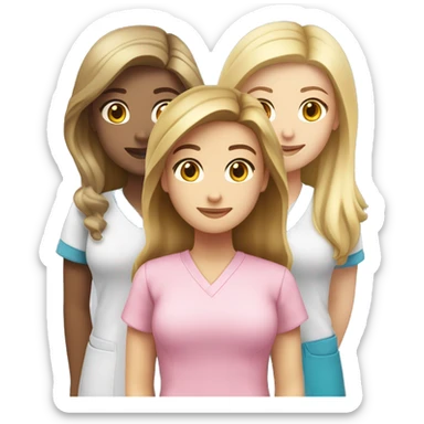 three girls standing together, one of them is Caucasian with long brown hair, next is a Caucasian girl with long blonde hair, next to her is a Caucasian girl with short blonde hair, all of them in pink scrubs dreaming of a perfect flat  sticker