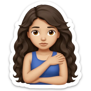 Hispanic light tan girl with long dark wavy hair crossing her arms under arm pit and slightly pouting sticker