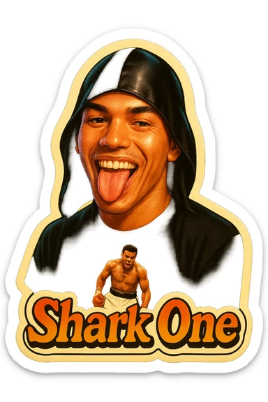 Make him Smiling with tongue sticking out
Add the words Shark One sticker