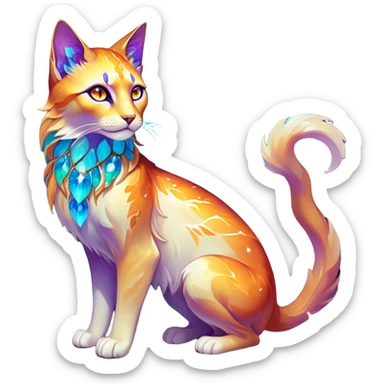 This fascinating hybrid creature combines the crystalline structure of a feline with the warm autumn foliage of a leaf being. Its core body maintains the sleek shape of a cat but is composed of translucent crystals that shift between turquoise blue and amber-orange hues. The creature's face features a blend of feline features with the gentle expression of the leaf being – sharp crystalline ears frame a round, friendly face with glowing purple-amber eyes. Most striking is how autumn leaves emerge from its crystalline body, forming a mane-like collar around its neck and sprouting along its spine and tail. These leaves shimmer with both crystalline properties and natural autumn colors – orange, gold, and deep red – with visible veining that occasionally pulses with energy. When the creature moves, the leaves rustle softly while the crystal body catches light, creating a mesmerizing display of nature and gemstone elements. full body sticker