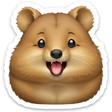 cinematic-realistic  yawning quokka-emoji,-small-round-frame, head tilted in an endearing manner, wouth wide open yawning, sleepy comical smile, round fluffy cheeks, giant-fluffy-cheeks-large-smile-fluffy-brown-fur-radiating-a-warm-softness,-big-round-eyes-filled-with-joy, realistic round  fluffy zoomed in, large black eyes one paw raised in the air sticker
