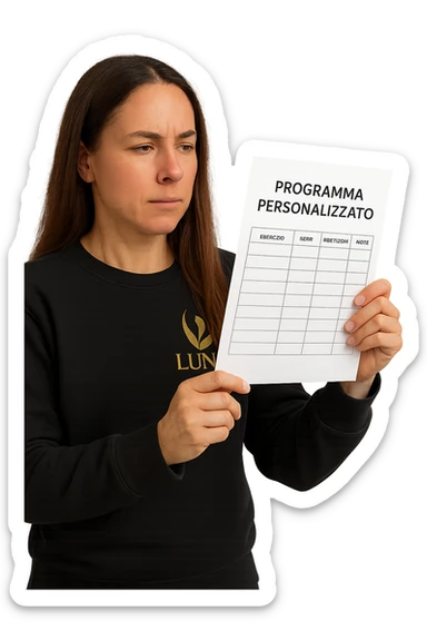 Donna con in mano Scheda di allenamento di palestra con scritto "Programma Personalizzato" sticker