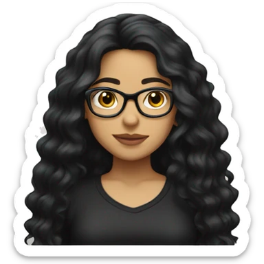 Pretty Hispanic girl with long black wavy hair with glasses and black shirt sticker