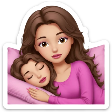 girl with long wavy brown hair, brown eyes, long lashes makeup, sexy pink lips, light to medium complexion, wearing a pink sexy top, sleeping sticker
