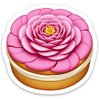 Yunnan Rose Cake with visible flower petals in pastry, simplified emoji style with bold outlines and bright colors, cartoon style floral sweet snack sticker