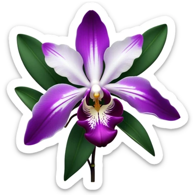 Cinematic Realistic Orchid Emoji, Exotic and elegant, with intricate, velvety petals in deep purple and white, forming a delicate and symmetrical blossom. The slender green stem holds the flower high, while surrounding leaves add lush contrast. Soft glowing outline, capturing the essence of rare beauty and sophistication in a captivating orchid. sticker