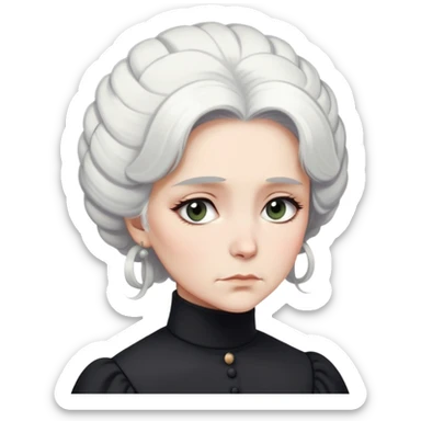 A Victorian woman with simple yet elegant coiffed white hair and light eyes wearing a modest unadorned monochrome black turtleneck mourning dress with puff sleeves looking down with a forlorn expression sticker