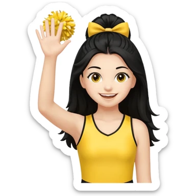 A long black hair teen girl waving pom-poms, eyes sparkling with excitement, yellow cheer leader top sticker