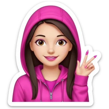 generate a pretty fair bratz girl with dark brown eyes, dark brown hair straight long. Wearing a hot pink zipper hoodie, pink lipgloss sticker